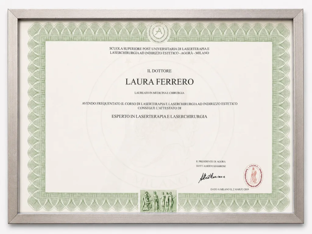 Attestato di Esperto in Laserterapia e Laserchirurgia conseguito dalla Dott.ssa Laura Ferrero.