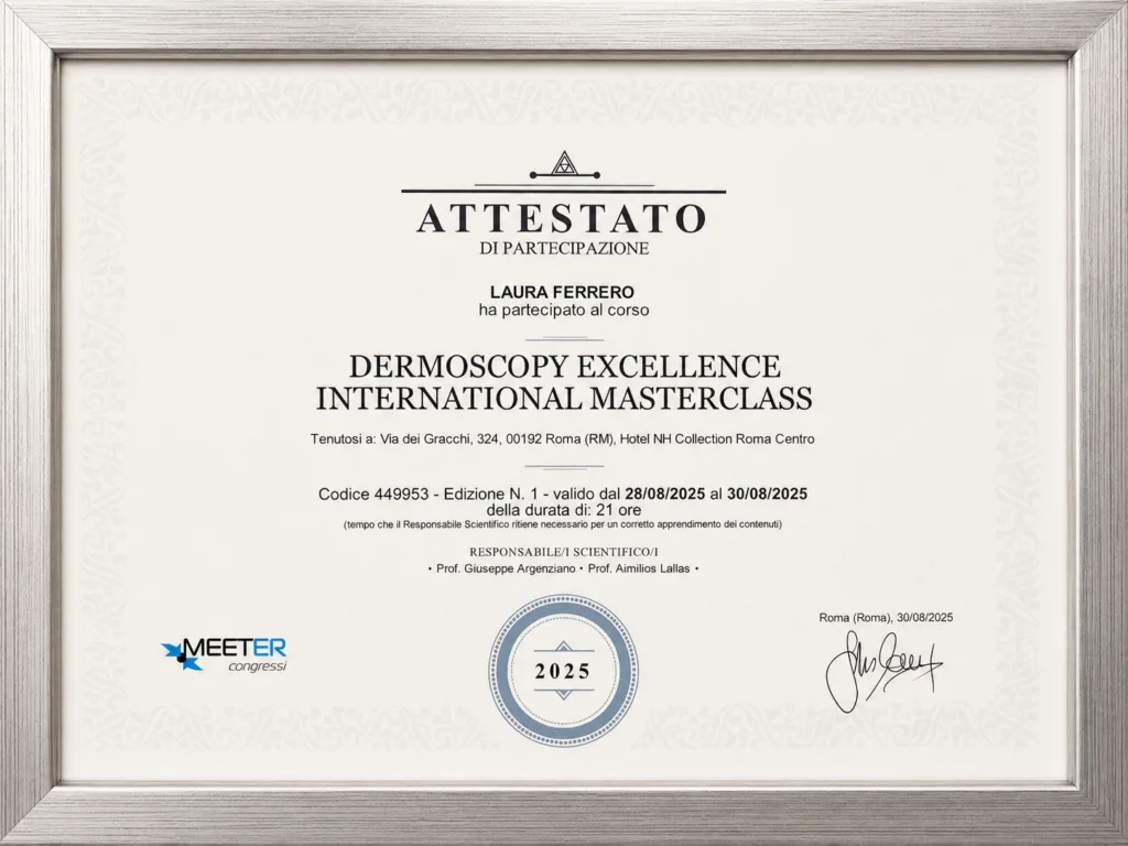 Attestato Dermoscopy Excellence International Masterclass conseguito dalla Dott.ssa Laura Ferrero.
