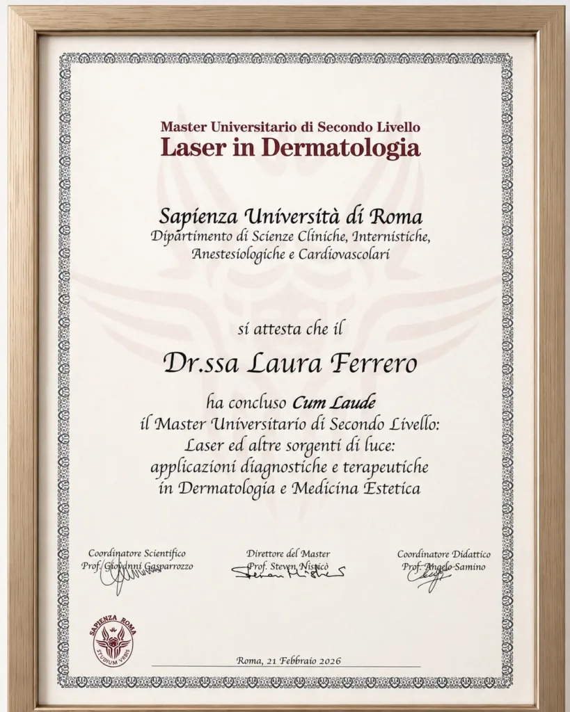Certificazione Master Universitario Laser in Dermatologia della Dott.ssa Laura Ferrero a Torino.